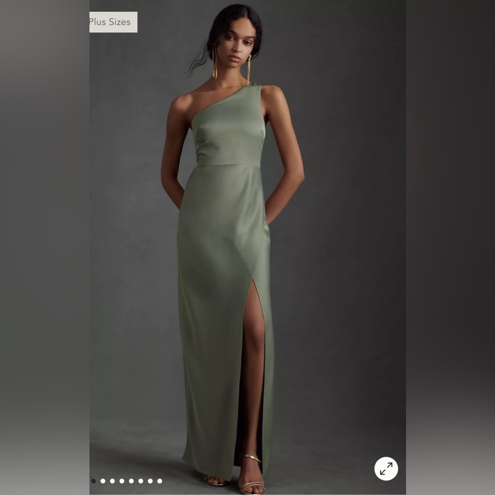 BHLDN Dylan One-Shoulder Satin Side-Slit Gown (Moss)